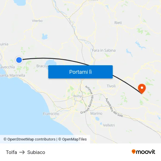Tolfa to Subiaco map