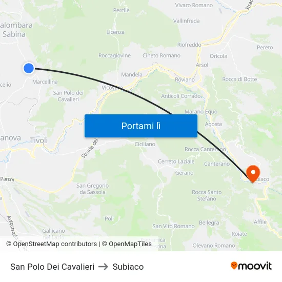 San Polo Dei Cavalieri to Subiaco map