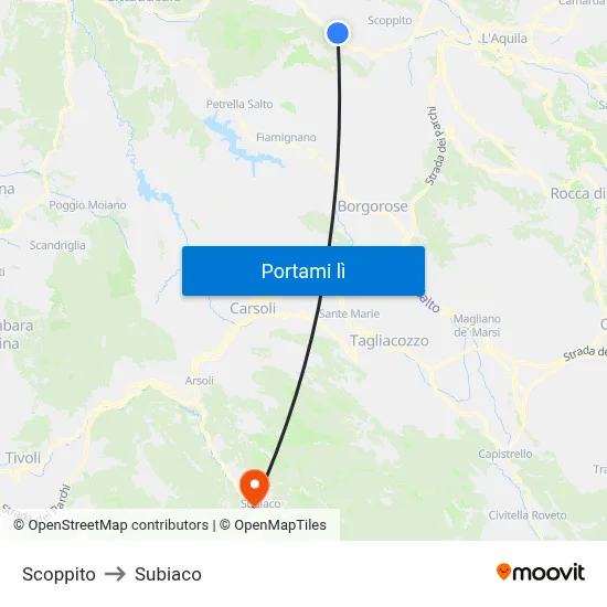 Scoppito to Subiaco map