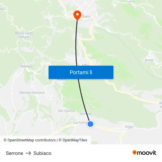 Serrone to Subiaco map