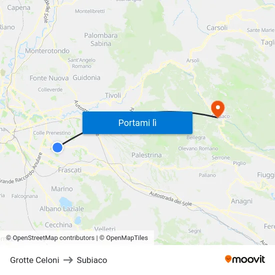Grotte Celoni to Subiaco map
