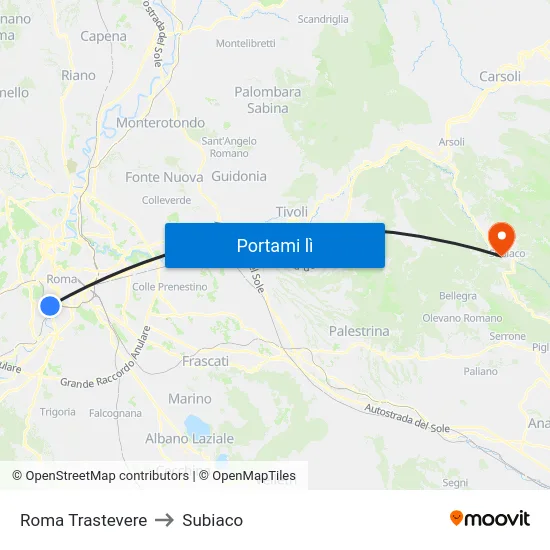 Roma Trastevere to Subiaco map