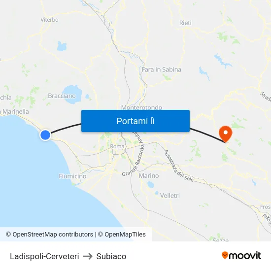 Ladispoli-Cerveteri to Subiaco map
