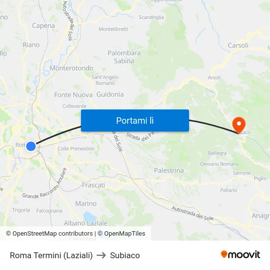 Roma Termini (Laziali) to Subiaco map