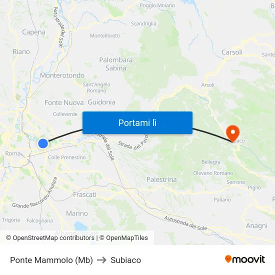 Ponte Mammolo (Mb) to Subiaco map