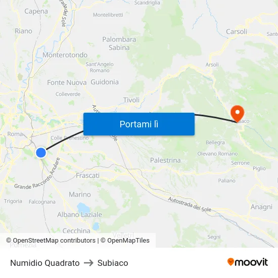 Numidio Quadrato to Subiaco map
