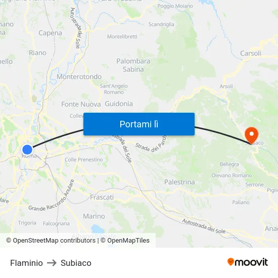 Flaminio to Subiaco map
