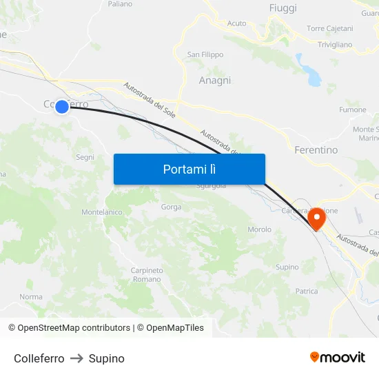 Colleferro to Supino map