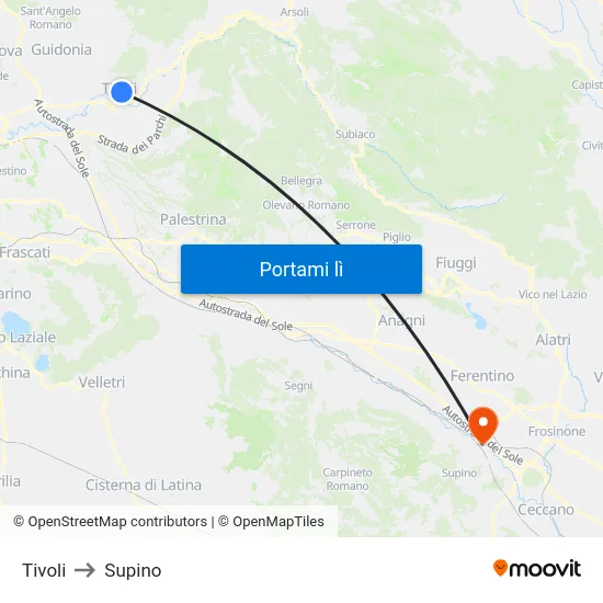 Tivoli to Supino map