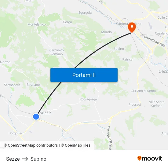Sezze to Supino map
