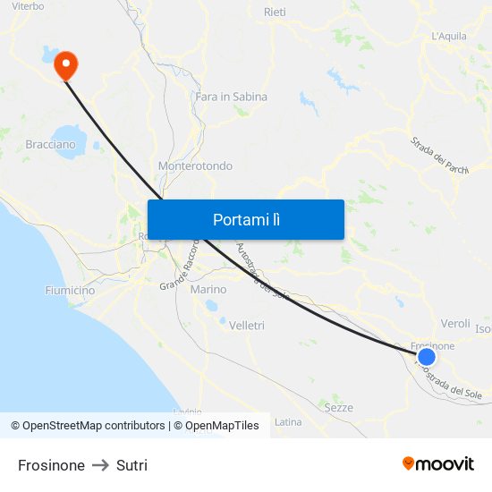 Frosinone to Sutri map