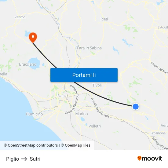 Piglio to Sutri map