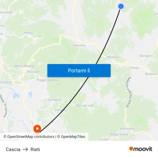 Cascia to Rieti map
