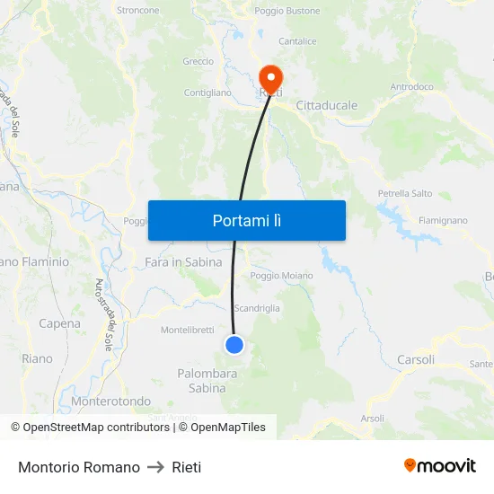 Montorio Romano to Rieti map