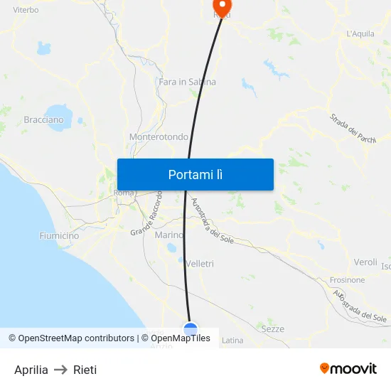 Aprilia to Rieti map
