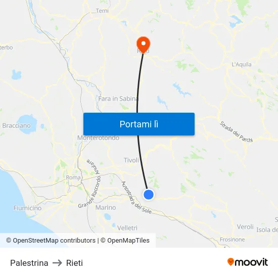 Palestrina to Rieti map