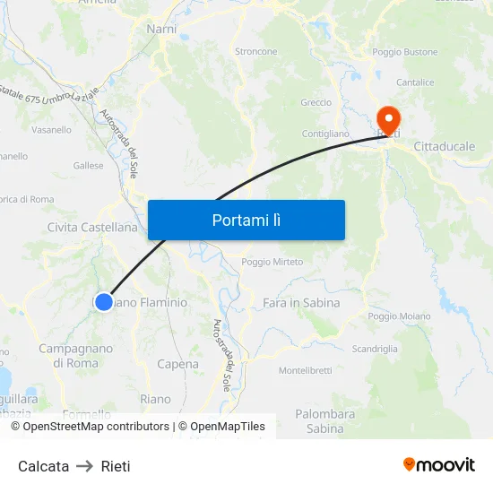 Calcata to Rieti map
