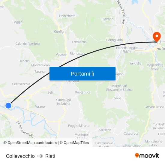 Collevecchio to Rieti map
