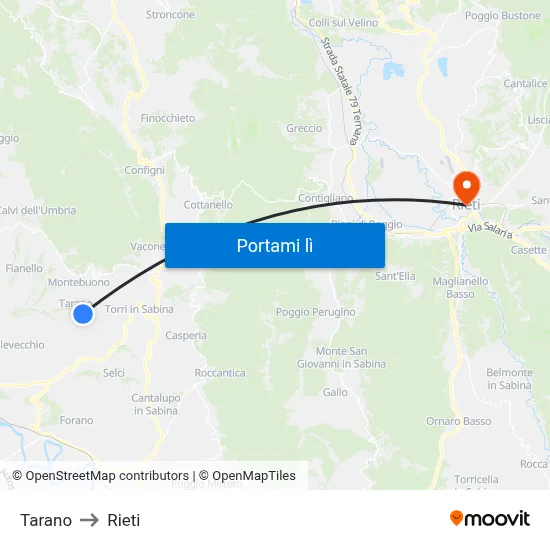 Tarano to Rieti map
