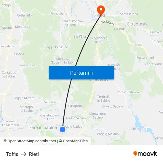 Toffia to Rieti map