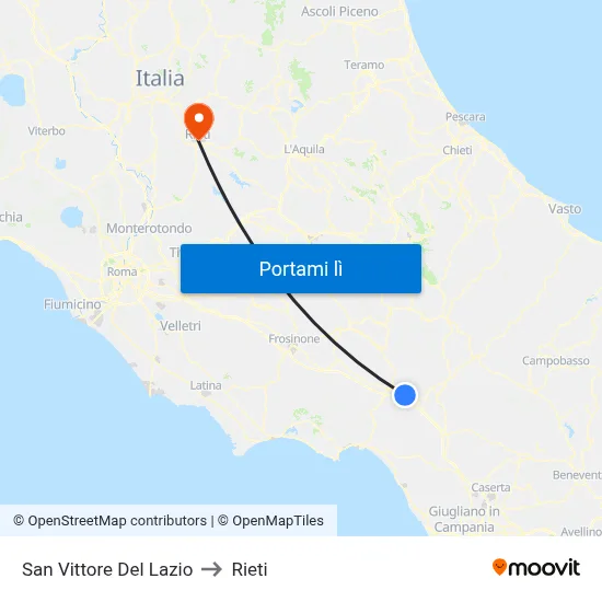 San Vittore Del Lazio to Rieti map