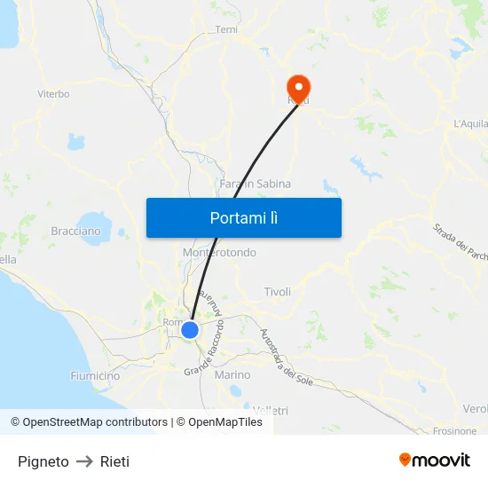 Pigneto to Rieti map