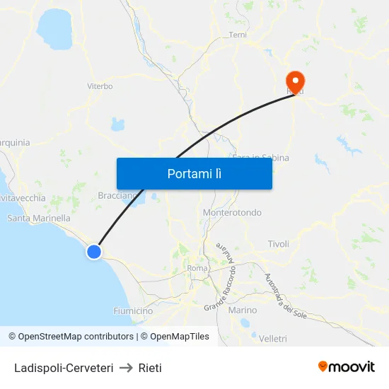 Ladispoli-Cerveteri to Rieti map
