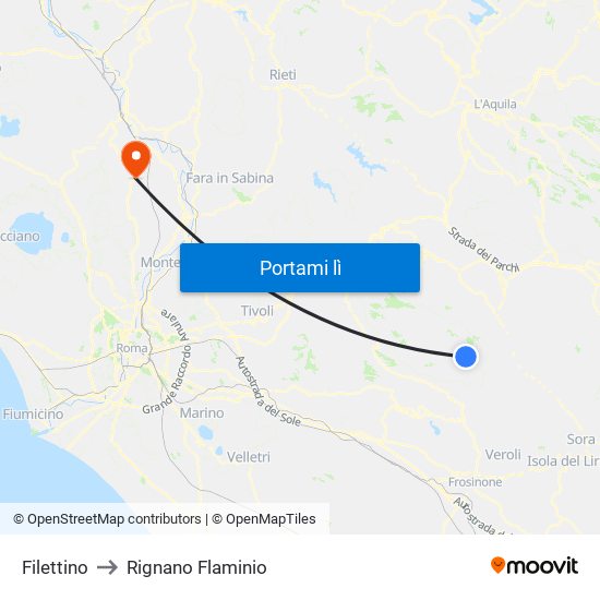 Filettino to Rignano Flaminio map