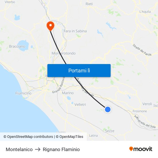 Montelanico to Rignano Flaminio map