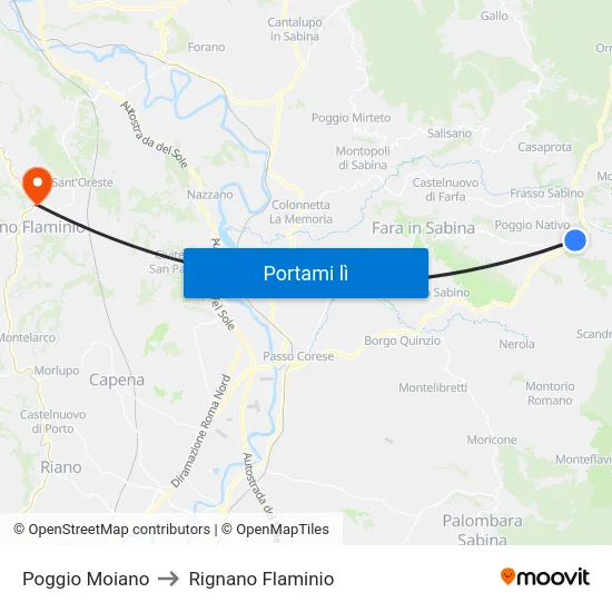 Poggio Moiano to Rignano Flaminio map