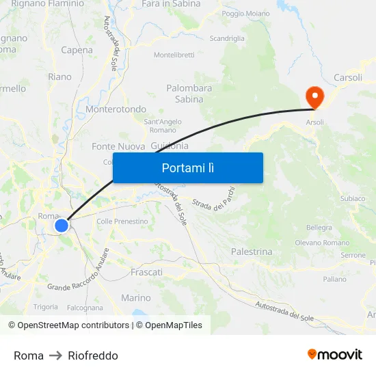 Roma to Riofreddo map