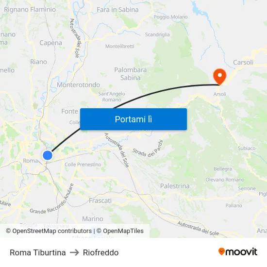 Roma Tiburtina to Riofreddo map