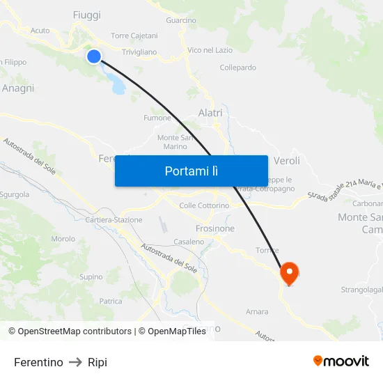 Ferentino to Ripi map