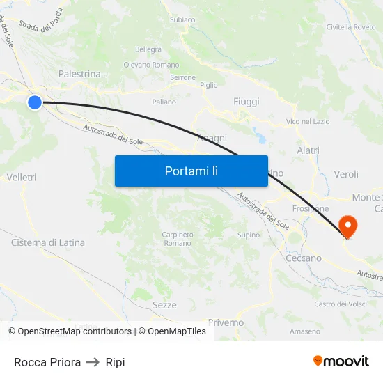 Rocca Priora to Ripi map