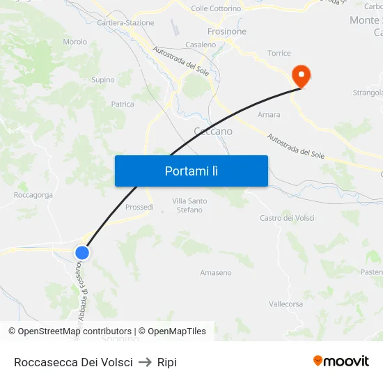 Roccasecca Dei Volsci to Ripi map