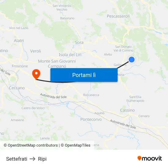 Settefrati to Ripi map