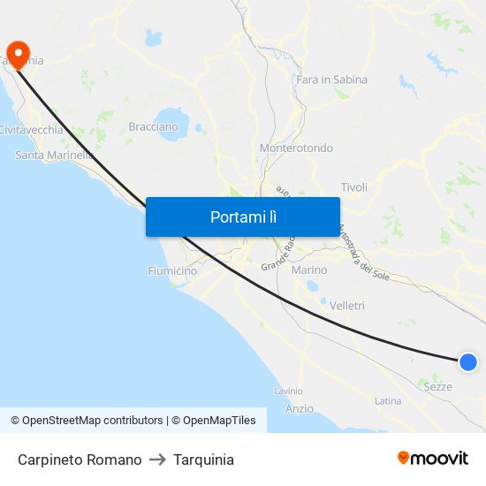 Carpineto Romano to Tarquinia map