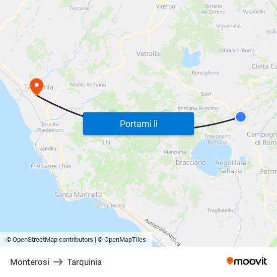 Monterosi to Tarquinia map