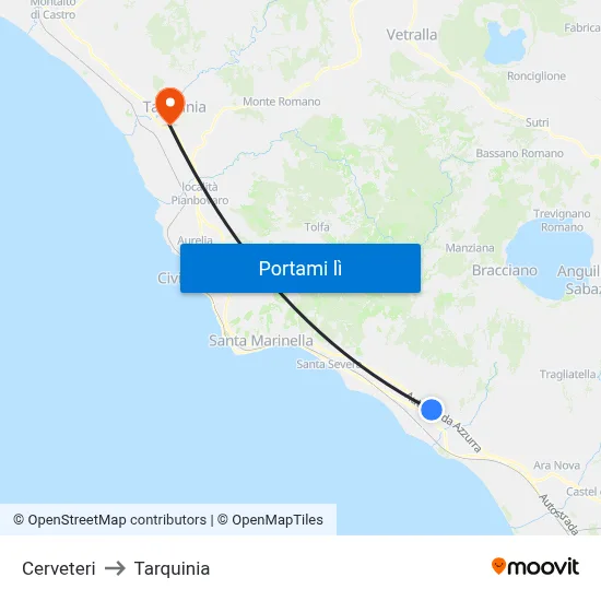 Cerveteri to Tarquinia map
