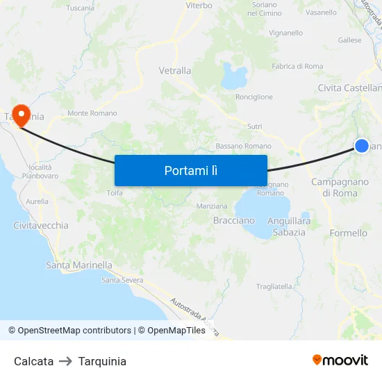 Calcata to Tarquinia map