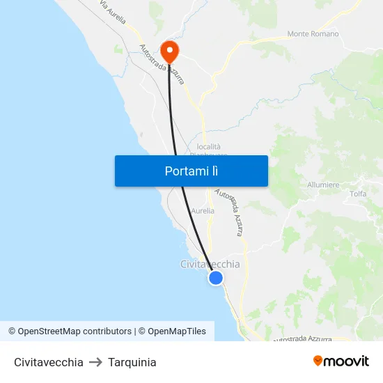 Civitavecchia to Tarquinia map