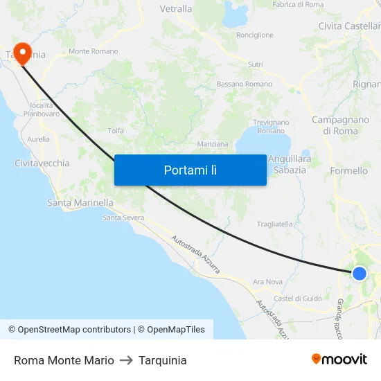 Roma Monte Mario to Tarquinia map