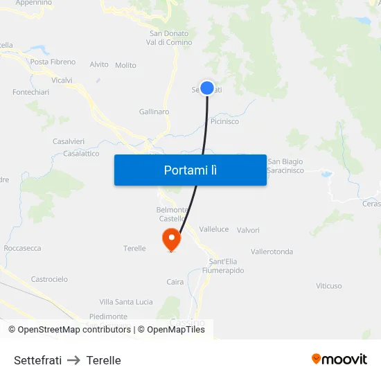 Settefrati to Terelle map