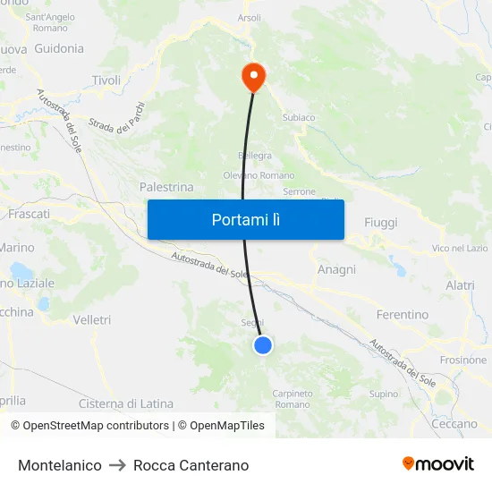 Montelanico to Rocca Canterano map