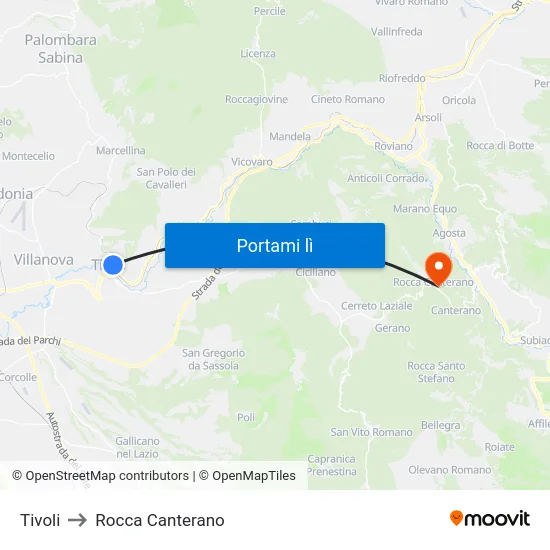 Tivoli to Rocca Canterano map