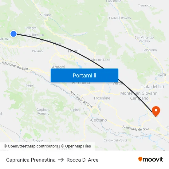 Capranica Prenestina to Rocca D' Arce map