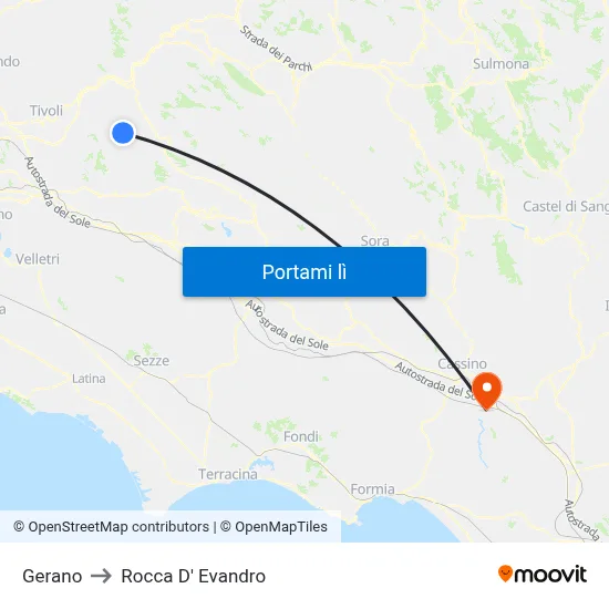 Gerano to Rocca D' Evandro map