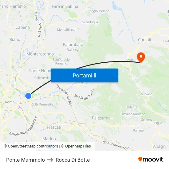Ponte Mammolo to Rocca Di Botte map