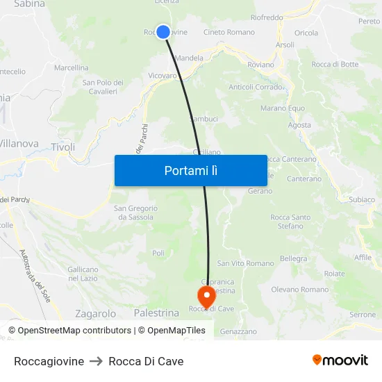 Roccagiovine to Rocca Di Cave map