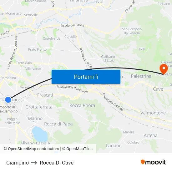 Ciampino to Rocca Di Cave map